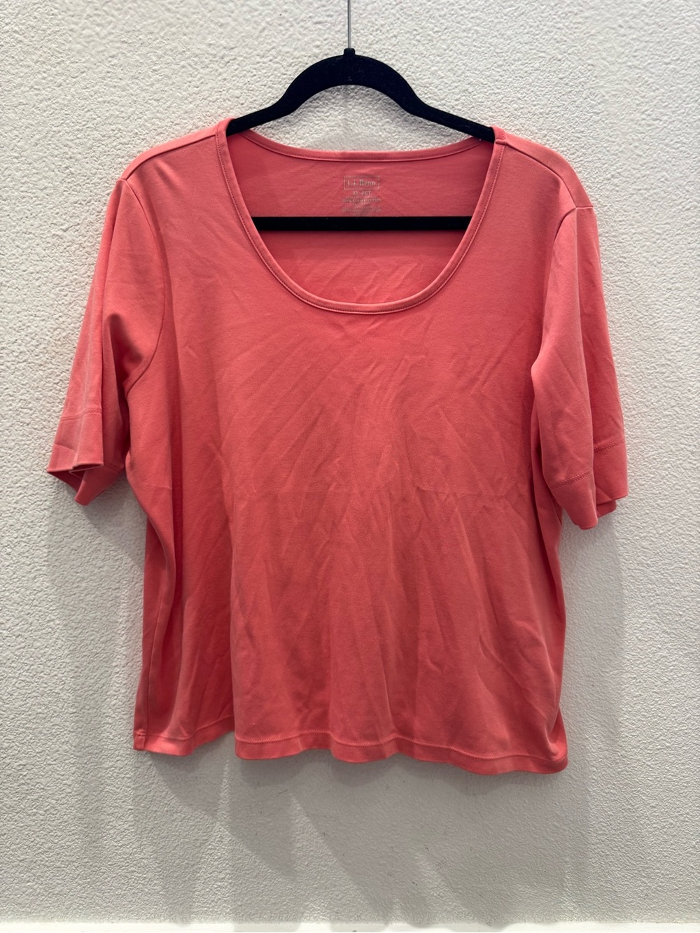 LL Bean coral-pink short-sleeve scoop-neck tee with a relaxed fit